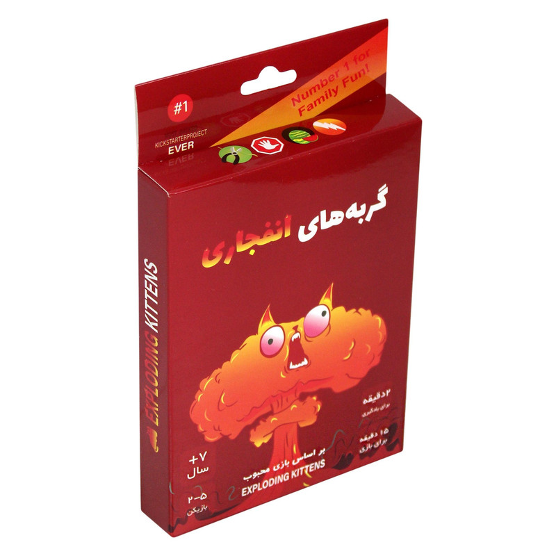 بازی فکری کارتی گربه‌های انفجاری مدل EXP KTN 02 مناسب 2 تا 5 نفر با ژانر استراتژی و رقابتی، رده سنی بالای 7 سال، مدت زمان کمتر از 30 دقیقه، شامل 56 کارت ویژه و 4 کارت راهنما
