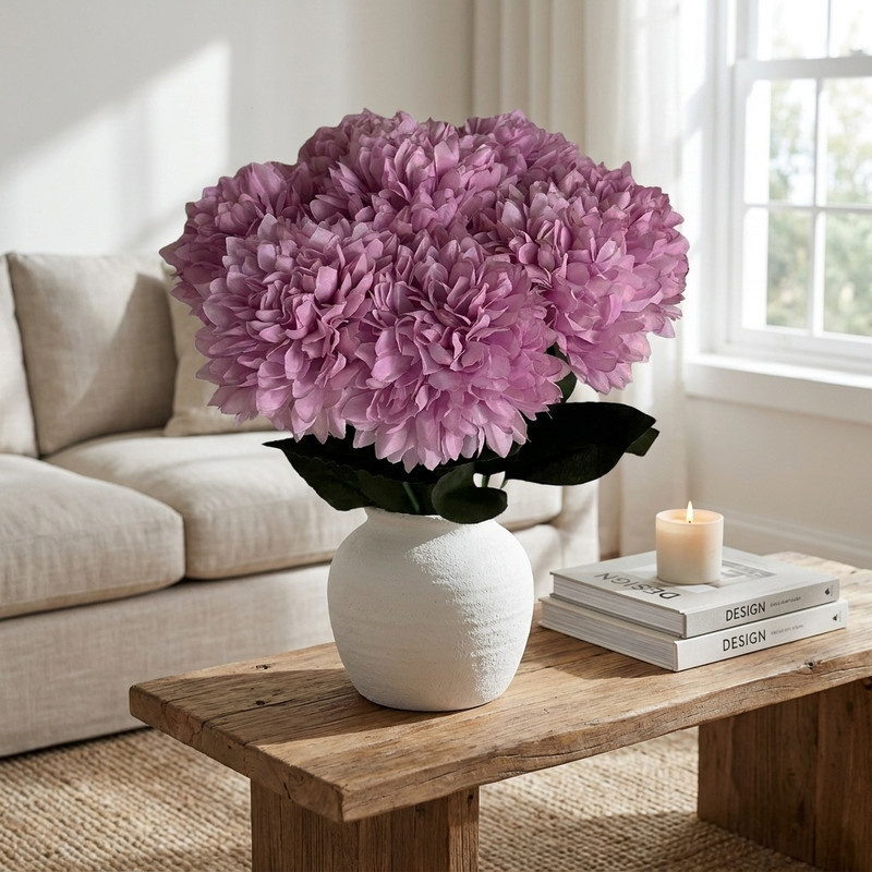 دسته گل مصنوعی گل داوودی شامل 8 شاخه، ارتفاع هر شاخه 44 cm، قطر گل 12 cm، جنس پارچه‌ای و قابل شستشو